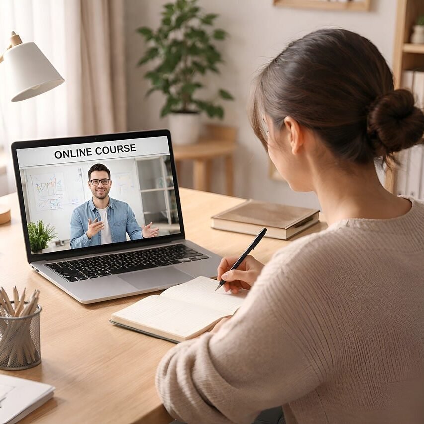 online learning, e-learning, distance learning, studying at home, laptop user, home office, digital education, modern workspace, productivity, working from home, online course, minimal desk, clean workspace, natural light, adult learner, technology use, education concept, focused person, home study